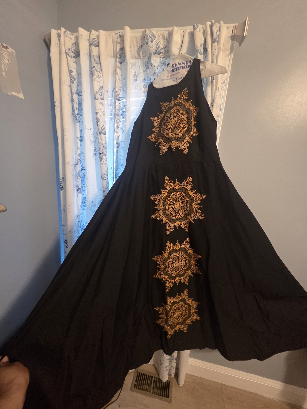 Kenneth Cole Black Maxi Dress with Gold Medallion Embroidery